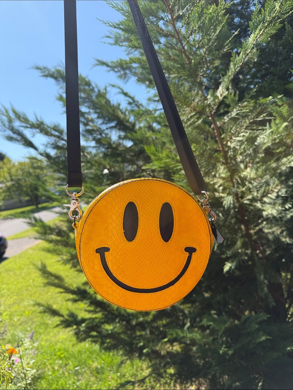 Smiley Face Round Crossbody Bag in Snakeskin Yellow